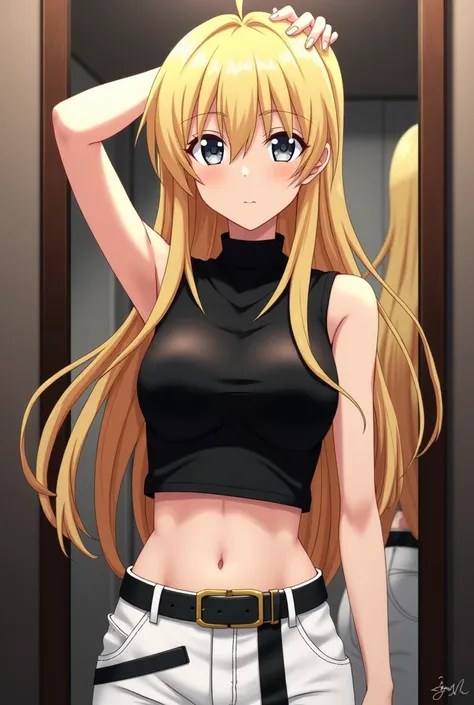 blonde girl. With very long hair (spanking the ass), skin fair, Shirts without sleeves, Covered neck, that leaves the belly exposed (black), calça larga branca com uma faixa black no lugar do cinto, in front of the mirror in a sexy pose, yuki tsukumo (JUJU...