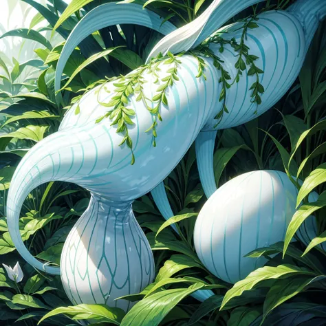 Large light blue plant with white stripes capable of expelling eggs that has the appearance of a carnivorous plant unique in a magical forest 