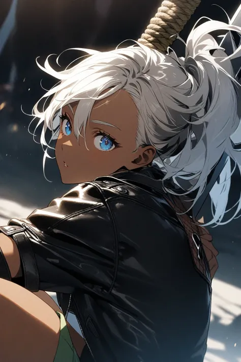 A close-up of a woman with a sword on her back, girl with silver hair, Dark blue shirt, Shorts, blue eyes, leather jacket, Dark skin. 