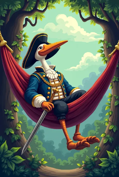 Create an anthropomorphic stork in a musketeer outfit that is sleeping in a hammock while holding a thin sword all with a retro gaming pixel texture