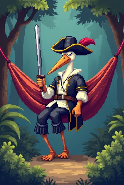 Create an anthropomorphic stork in a musketeer outfit that is sleeping in a hammock while holding a thin sword all with a retro gaming pixel texture