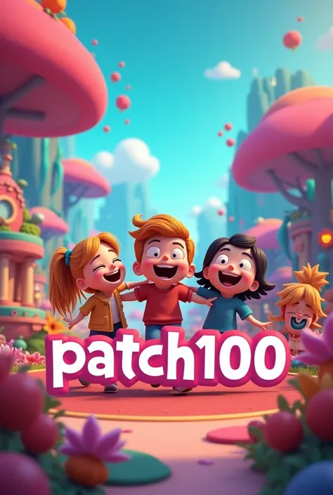 Create an image with a video game background with characters laughing and a text that says patch100 standing out