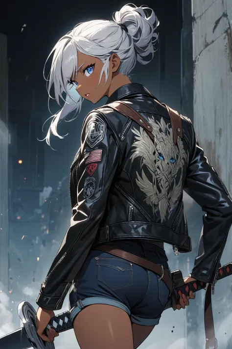 woman with a sword on her back, girl with silver hair, Dark blue shirt, Shorts, blue eyes, leather jacket, Dark skin.