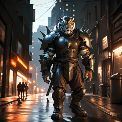 a heavily muscular mercenary warrior standing on a city street, wearing minimal armor plating, detailed face and body, dark gritty urban environment, dramatic cinematic lighting, dramatic pose, highly detailed, photorealistic, 8k, (best quality, 4K, 8k, hi...