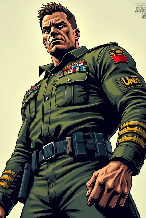 Make a comic-style drawing of an intimidating soldier viewed from below to the right.