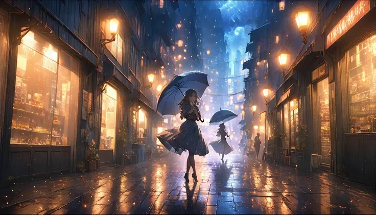 masterpiece, Highest quality, Highly detailed CG Unity 8k wallpaper, rainy night city street. Silhouette illustration of a girl dancing without an umbrella. It seems to be illuminated by street lamps and moonlight like a spotlight.. The cityscape is depict...