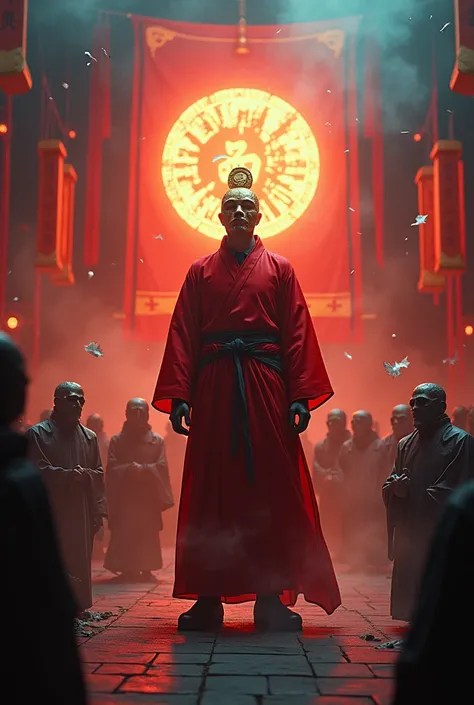 Chaos and disorder，Extremely wide view，A Taoist priest in a red robe，Wearing a copper coin mask on his face，banner，Glowing Soul Army，Tang Dynasty，Ethereal Symbolism，Silver and blue，Vibrant stage backdrop，Dark death atmosphere，gloomily，inspiration，Creepy ol...