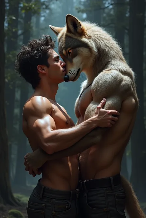 Beautiful anthropomorphic male wolf seducing a bisexual man