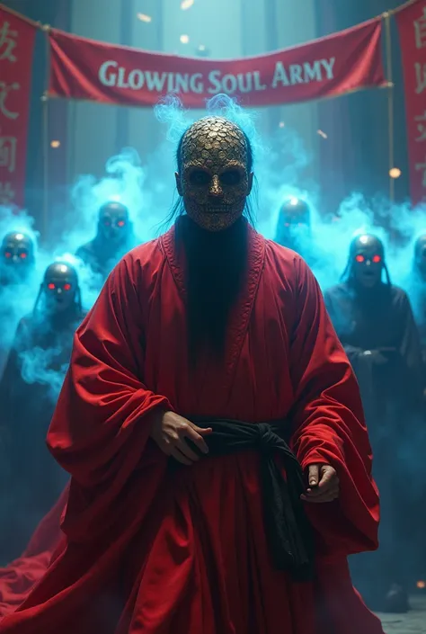 Chaos and disorder，Extremely wide view，A Taoist priest in a red robe，Wearing a mask made of copper coins on his face，Cover the lower half of the face，banner，Glowing Soul Army，Tang Dynasty，Ethereal Symbolism，Silver and blue，Vibrant stage backdrop，Dark death...