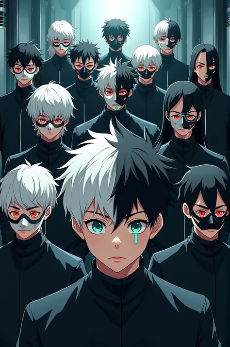 An anime picture of 10 genius people wearing half black and half white masks with the main character being a white-haired, green-eyed male and a black-haired, bespectacled male who is a hacker. 