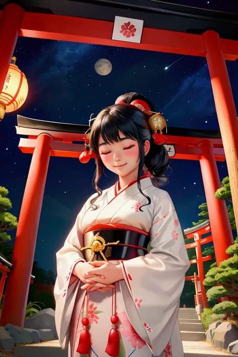 Taisho Romance　A very beautiful Japanese woman in a traditional Japanese costume is praying at a shrine.　She is praying with her eyes closed and a gentle smile on her face, hands together.　　All the World in One Place　Kimigayo　Japanese Culture　Large Torii G...