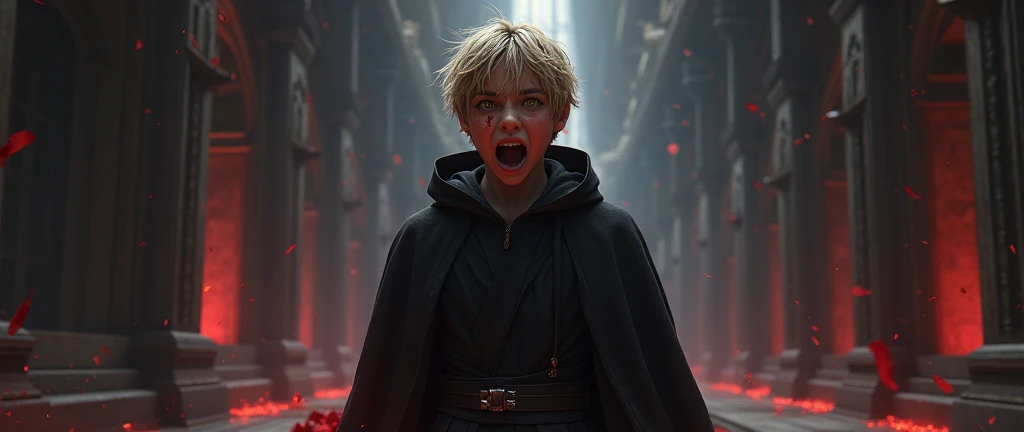 Character based on the world of Star Wars, a 15 years teenager male sith lord, dark blonder short haired, yellow eyes, dark simple cloats, inside a dark sith temple, high realism, perfect anatomy, perfect eyes, blood crying, broken sith mask, fontal, screa...