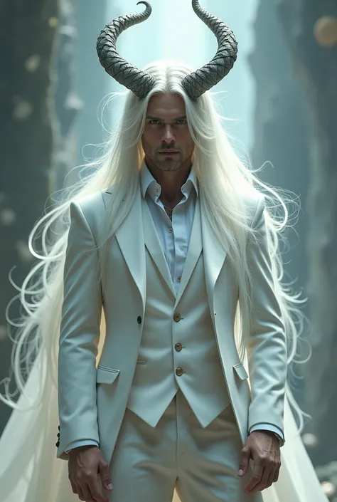  a man that wear white suit and have long hair with a dragon horn
