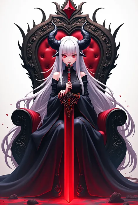 Demon anime girl with long white hair and red eyes with a big sword sitting on a demon throne and the background of the image being white 