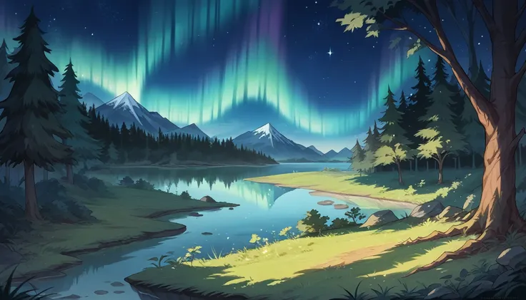 starry sky and aurora night、forest landscape with lake at night、phenomenal、highest quality