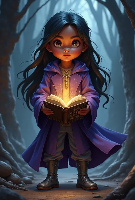 young wizard, dark skin, long hair, naive appearance, purple coat, silver armor boots.
Holds a magic book