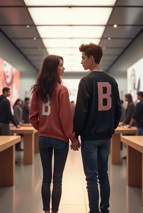 A couple holding hands, The woman with a B on her sweatshirt and the man with an S on his sweatshirt with the background of an Apple store