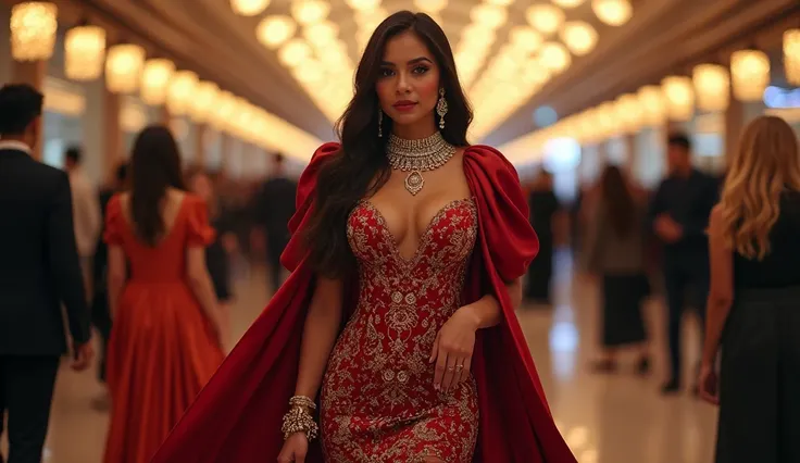 An malay woman in glamorous mermaid evening gown, long ballon sleeve gown, wear jewellery, wear modern satin hijab, entirety of fabric over botom dress about 7 meters in length trailing dramatically, glamours style, overlong dress train, extreme detail on ...