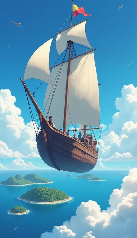 1. Objects
A large wooden sailboat: A massive wooden sailboat that exudes a sense of weight and history. Its white sails billow in the wind as the ship quietly glides through the sky’s ocean.
Floating islands of various sizes in the distance: Lush green is...