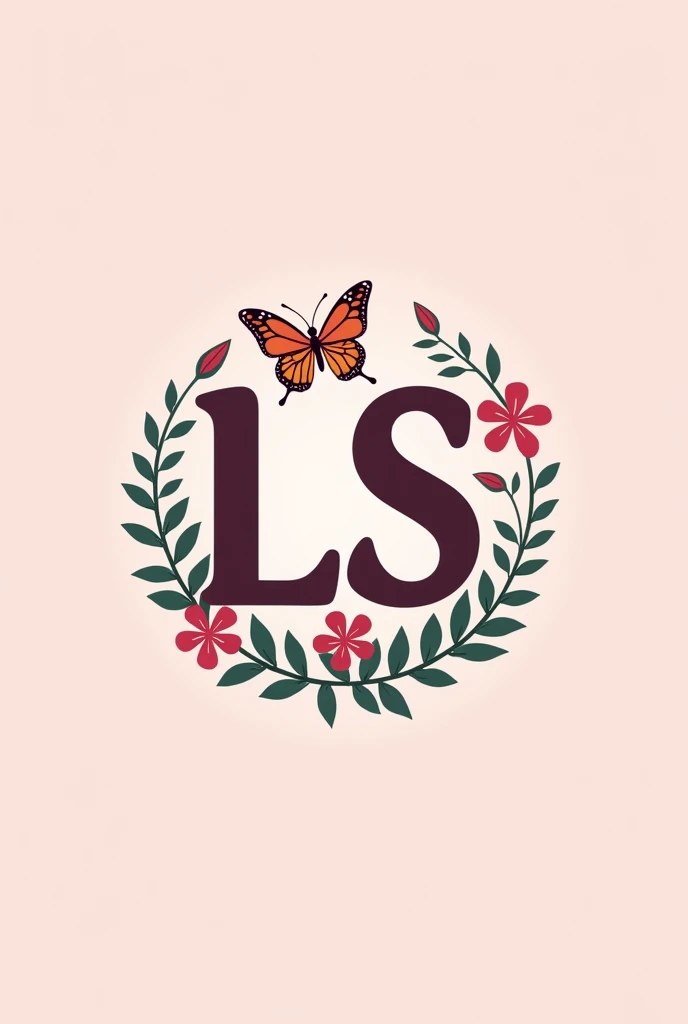 make a pink  logo with letters, LS, batterfly, roundshape, plant ,underneath it says,  el_shop