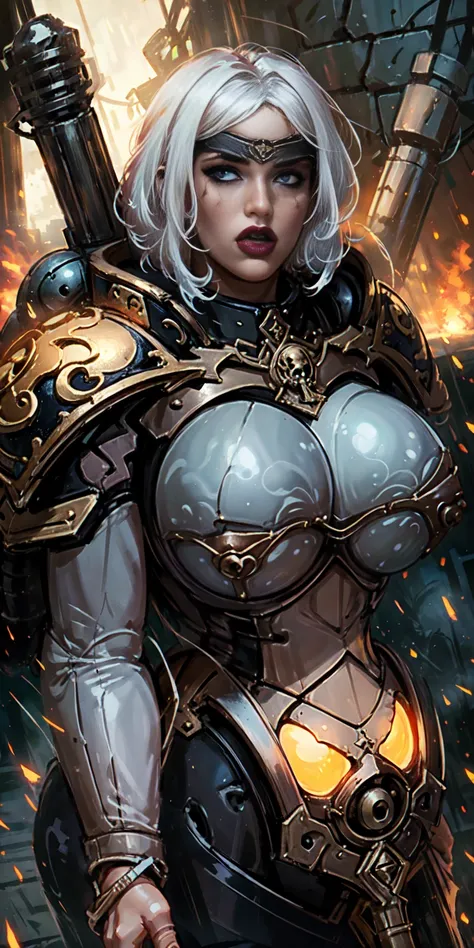 (masterpiece:1.2), (best quality:1.2), perfect eyes, perfect face, perfect lighting,(( inflatable sexdoll )) , mature bigbreastplate whore Sororitas with bolter gun in hands, blindfolded cover eyes, white hair, skulls on the ground, warhammer 40k, detailed...