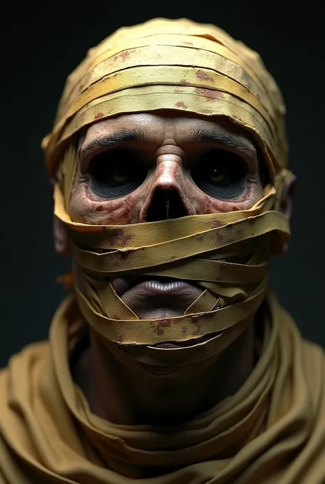 A realistic close-up of a wrapped mummys face, with aged, yellowed bandages, partially exposed decayed skin, and hollow eye sockets, centered on a dark background