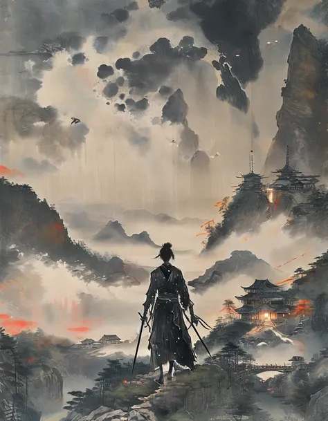 Japanese Samurai横からの全景　　Japanese swordを持ち遠くを見ている　pale colour　Ink Painting　Like overlapping　Japanese Samurai　Japanese sword　dusk　