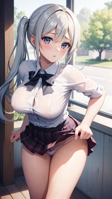 1 girl, natural lighting, work of art, highy detailed, illustration, CG game, absurderes, high qualiy, beautiful detailed eyes, Glossy lips, natural lighting, big breasts, hair blonde, twintails baixos, twintails curtos, hair between the eyes, catalyst ido...