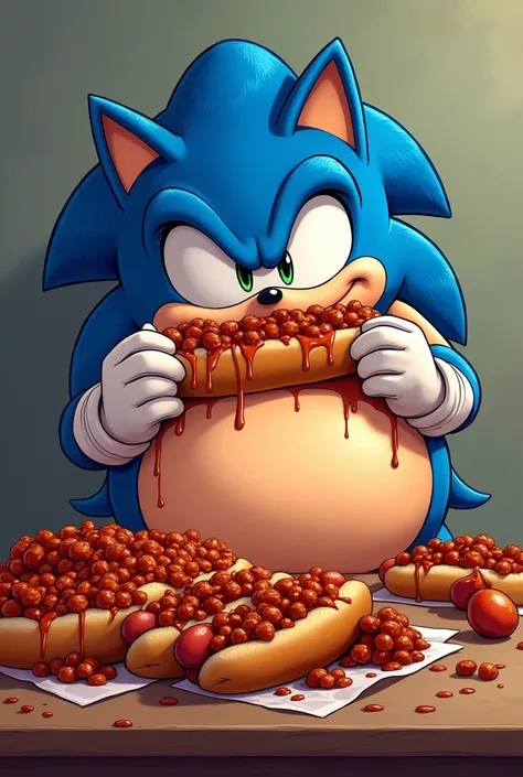 Very fat Sonic eating chilidogs in a table full of chilidogs, Sonic, gigant belly.