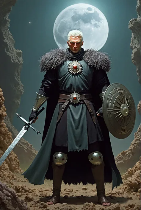 Tall man, with spiky white hair, with silver iris of the eyes, in a field with a reddish full moon, wearing a black Bruna with a black sun on the chest, with a large circular shield adored by a black sun and emanating a magical aura, using a long sword, fi...