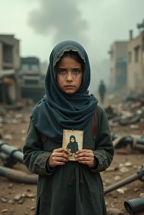 Arabic a young hijab girl, 11 years old, crying, wearing a blouse, holding family photo frame, with a dirty face, on a war battlefield, highly detailed, photorealistic, 8K, cinematic lighting, emotional portrait, dramatic colors, beautiful, sad expressiono...