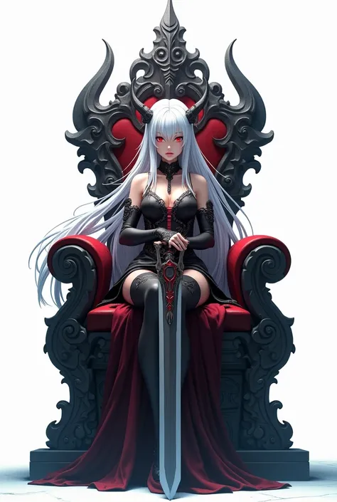 Demon anime girl with long white hair and red eyes with a large sword sitting on a demon throne and the background of the image being white and her legs crossed 