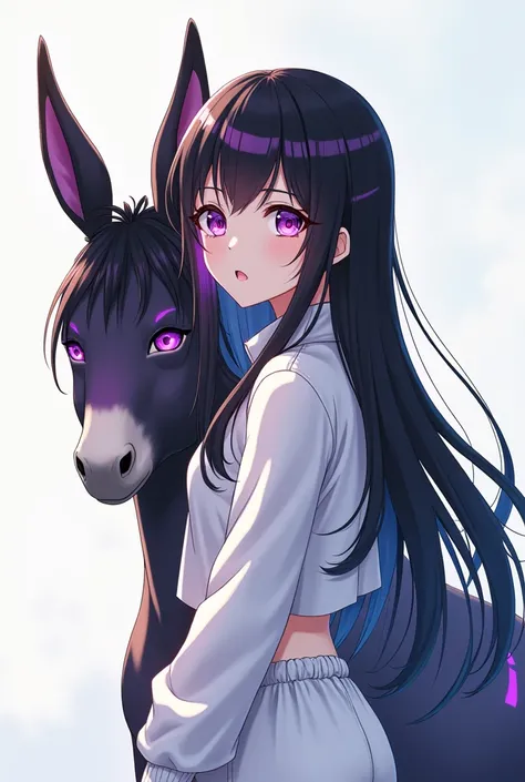 Anime girl in HD long black hair with purple, black square donkey, purple eyes lilac with dark purple, white sportswear and half body