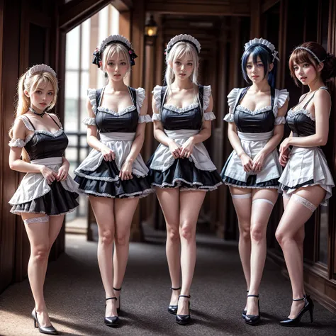 (Full Body of Extremely Detailed((Kawaii Maid Group in a row:1.37))), Cute perfect face, Reflective Eyes, Detailed(Delicate Clothing textures), Correct Leg Line, Dynamic Joyful Expressions LifeLike Rendering, Specular Reflection, TopQuality 8K Ultra-detail...