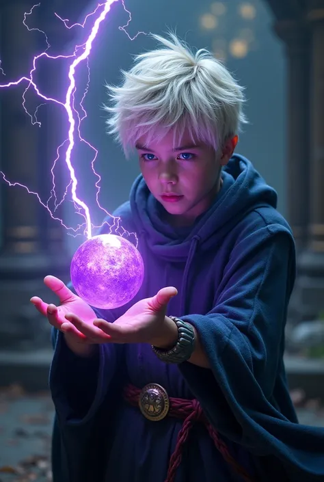 A young wizard with shaggy white hair and very pretty blue eyes throwing a medium-large purple ball that throws lightning 