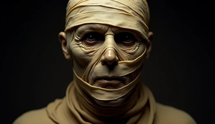 A realistic close-up of a wrapped mummys face, with aged, yellowed bandages, partially exposed decayed skin, and hollow eye sockets, centered on a dark background