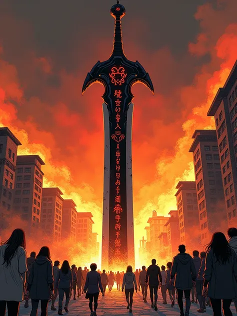 An imposing black broadsword stuck in a stone, radiating an aura of mystery and power. The blade features distinct red engravings, in the style of ancient runes, adding a mystical aspect to its formidable presence. Surrounding this powerful symbol, buildin...