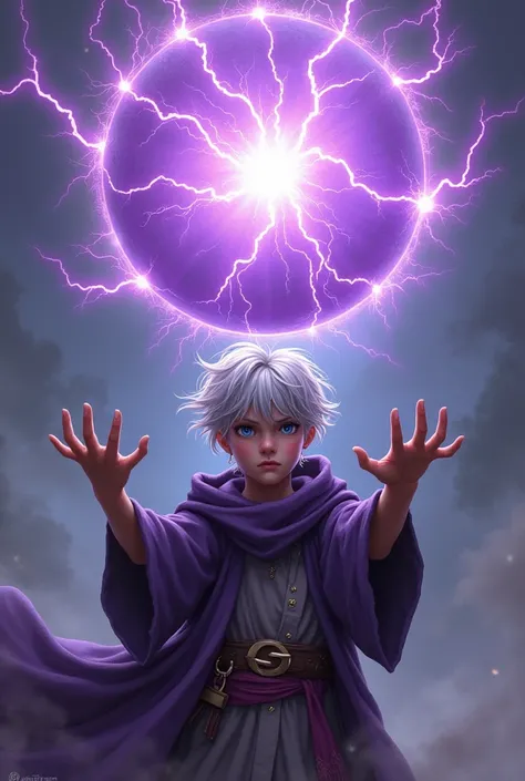 A young wizard with shaggy white hair and very pretty blue eyes throwing a very large purple ball of lightning 