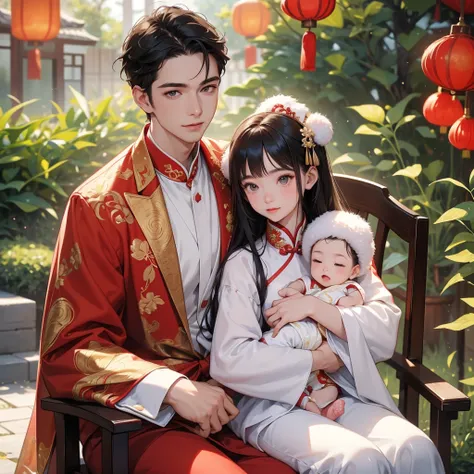 a handsome young man with good face and gentle face, wearing a white ancient Chinese costume, sitting on chair, hugging his adorable Chibi baby girl 1 year old, who is 1 year old, with black hair in a red Chinese new year costume, int he morning, there is ...