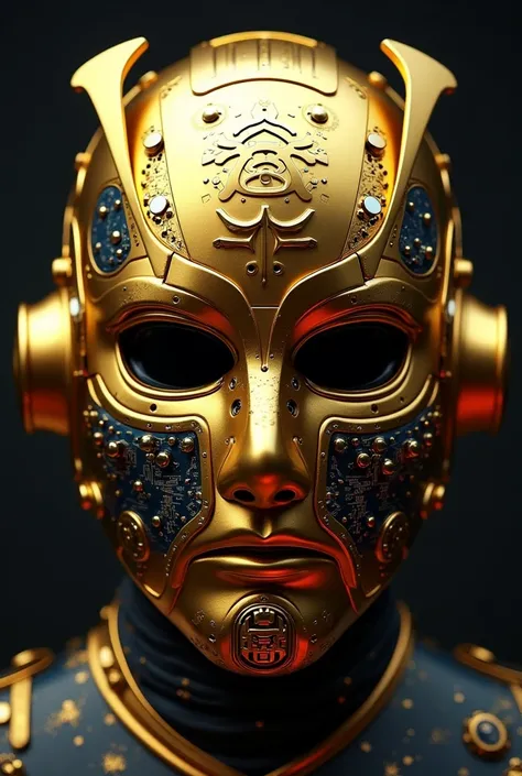 A golden Japanese samurai mask with components simulating electronic applications，Used on golden masksＩＣElectronic chip components andＣＰＵdecorate，The Japanese family crest is printed on it，overall presentation５０Degree Angle