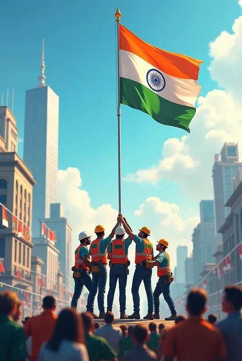 ENGINEERS HOISTING FLAG IN INDIAN INDEPENDENT DAY 