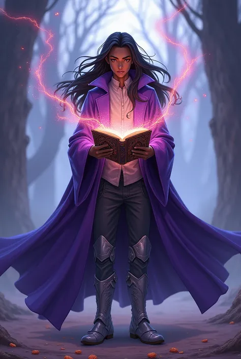   Wizard man, dark skin,naive appearance,long hair,purple coat, silver armor boots.
Holds a magic book. Anime style.