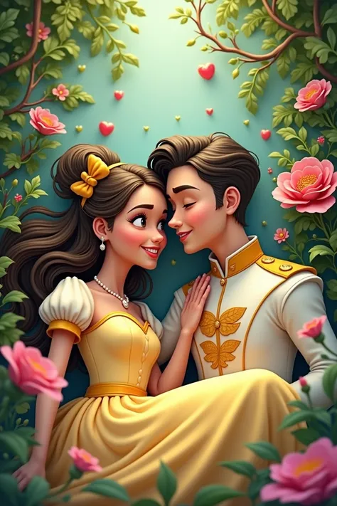 Edited based on attached image。Wedding gifts。Disney-like atmosphere。The main character is a girl, dressed in cute clothes like Donald Duck, and smiling.。She and her husband are happily touching noses and foreheads。Around、Colorful plants and vines like thos...