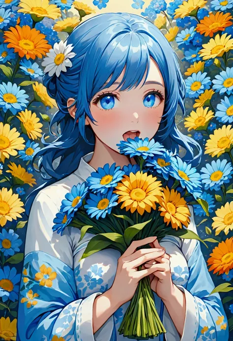 a woman holding a bunch of flowers in two hands with her mouth open, solo, flower, 1girl, looking at viewer, blue flower,HoloDayo XL