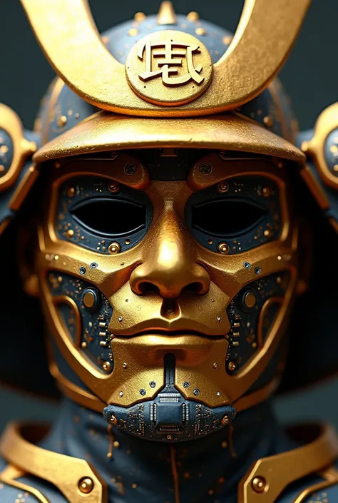 A golden Japanese samurai mask with components simulating electronic applications，Used on golden masksＩＣElectronic chip components andＣＰＵdecorate，The Japanese family crest is printed on it，Overall presentation of golden Japanese samurai mask５０Degree Angle