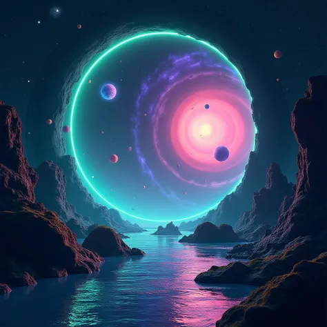 Round frame centered, Outer space, planets passing through the portal, neon colors green and violet, effect 3d, motion.