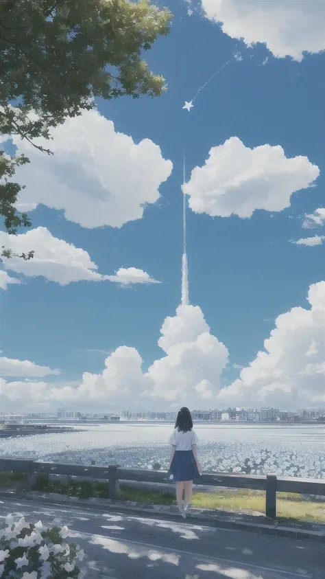 Summer blue sky,Octane, star (null), scenery, White flower,school uniform.,star, and, Rear View, Outdoor, city,river,building, cloud, 天のriver,silhouette,大きな入道cloud, Under the Silver Osmanthus Tree, White flowerがたくさん舞っている,Flower storm