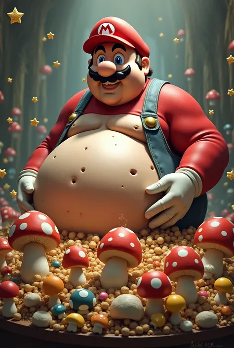 Very fat Mario eating mushrooms in a table full of mushrooms, Mario, gigant belly.