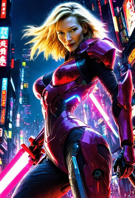 A cute woman (cate blanchett, sagging breasts), neon trim sexy battle suit, wielding an enormous laser sword, Neo Tokyo at night
