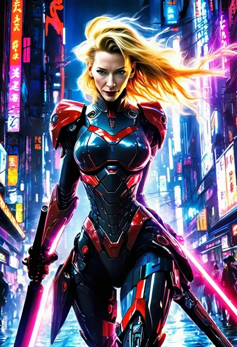 A cute woman (cate blanchett, sagging breasts), neon trim sexy battle suit, wielding an enormous laser sword, Neo Tokyo at night
